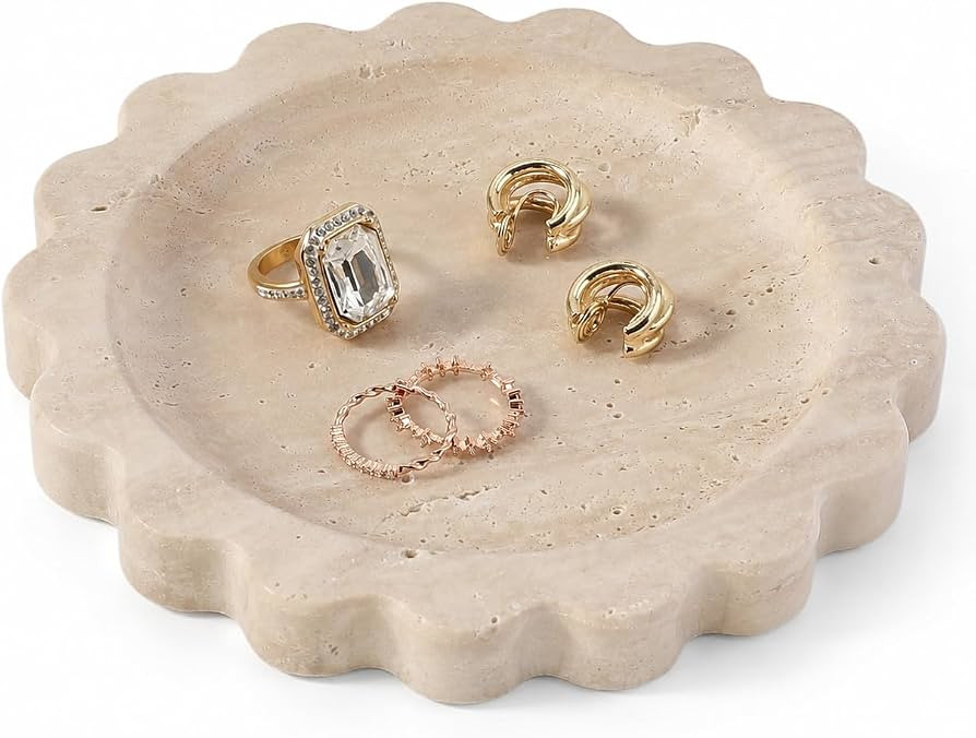 Koville 5.51" Travertine Tray, Natural Stone Trinket Dish for Ring Perfume, Round Scalloped Decor... | Amazon (US)