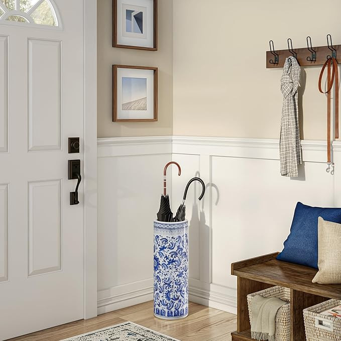Oriental Furniture 24" Floral Blue & White Porcelain Umbrella Stand | Amazon (US)