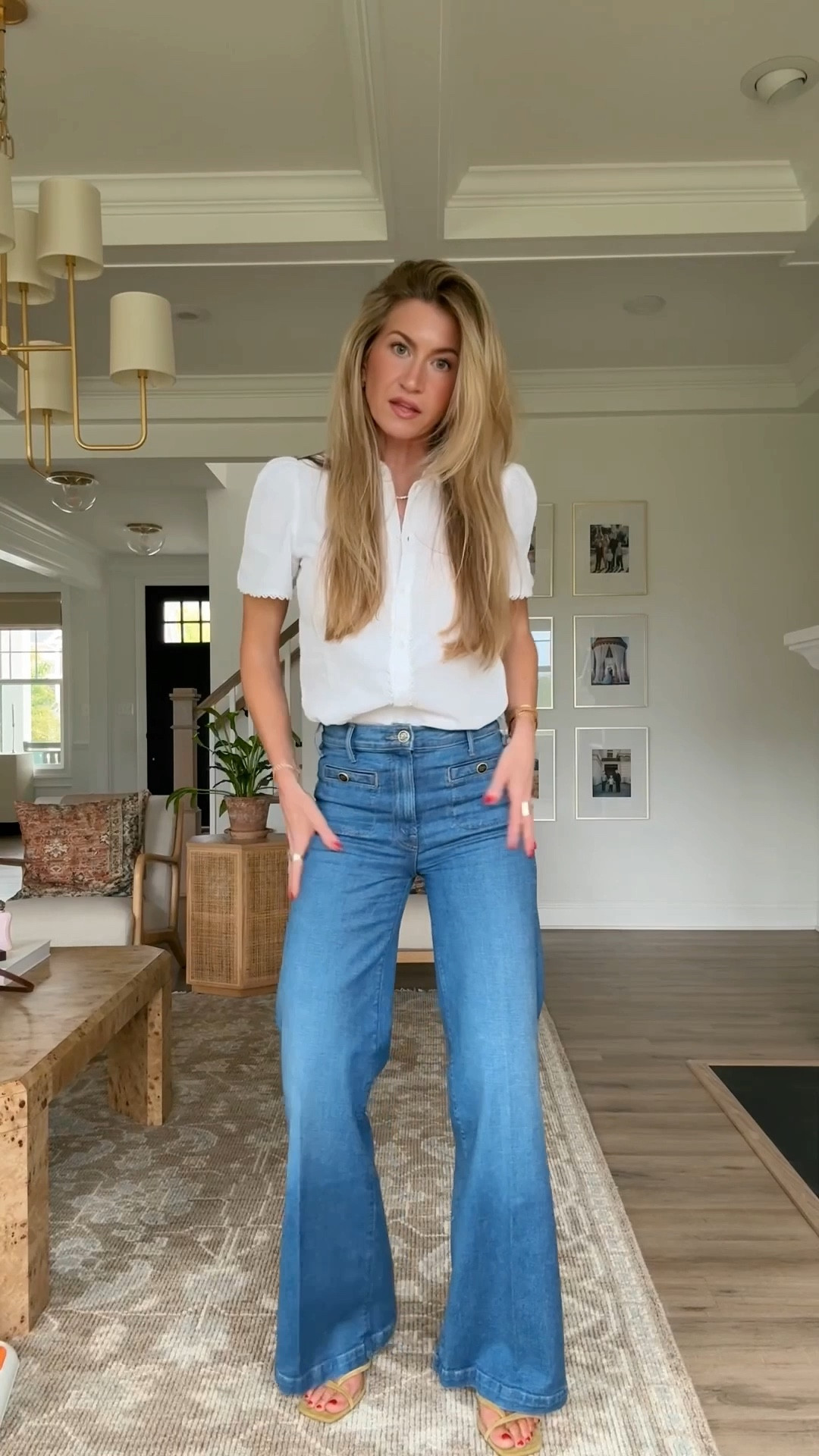 White cotton cheesecloth blouse, not see through: runs small, wearing US 2

High rise wide leg Mother denim with button details: TTS, wearing 25

Chartreuse strappy sandal: TTS



#LTKdayinmylife #LTKootd #LTKgrwm