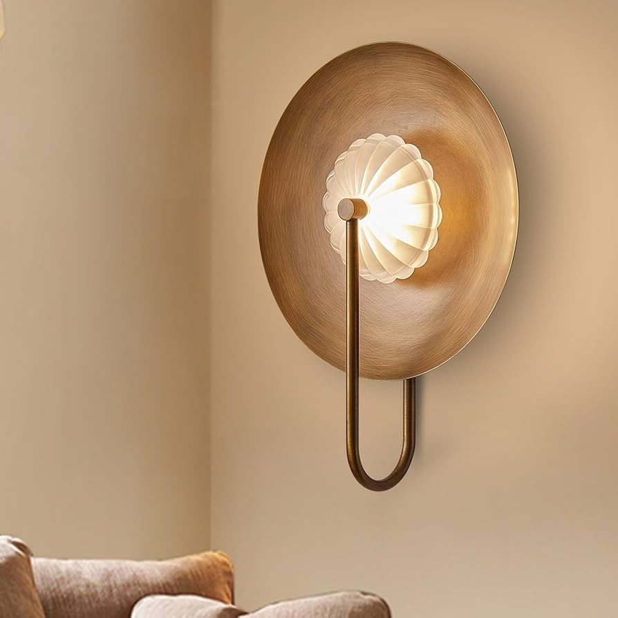 Round Brass Wall Sconce – Artistic Mid-Century Modern LED Wall Light with Fluted Glass Shade, D... | Amazon (US)