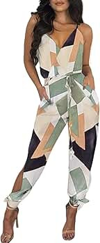 Women Elegant Jumpsuit Vintage Graphic Print V Neck Sleeveless Split Romper Pants Summer Overalls | Amazon (US)