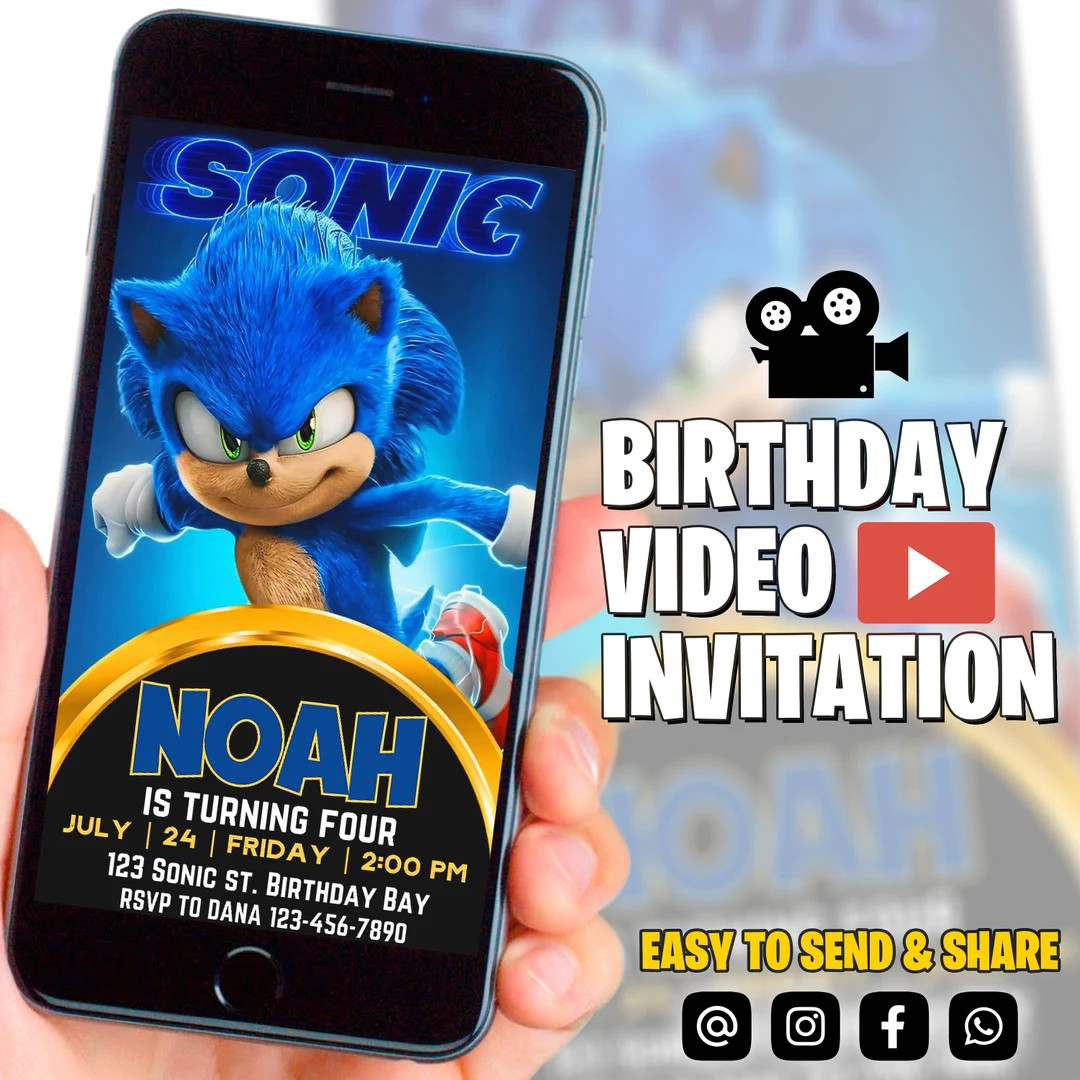 Sonic Video Invitation, Super Hedgehog Kids Party E-invite, Hedgehog Thunder, Birthday Digital In... | Etsy (US)