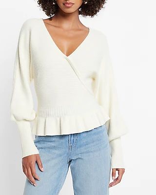 Ribbed V-Neck Wrap Peplum Sweater | Express