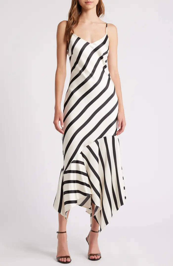 Lucille Stripe Asymmetric Hem Satin Midi Dress | Nordstrom