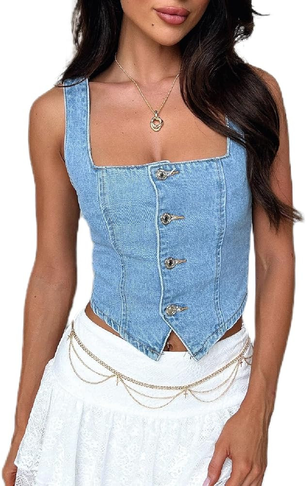 Women Fashion Denim Vest Sleeveless Boat Neck Button Down Crop Vest Jean Tank Top Slim Backless S... | Amazon (US)