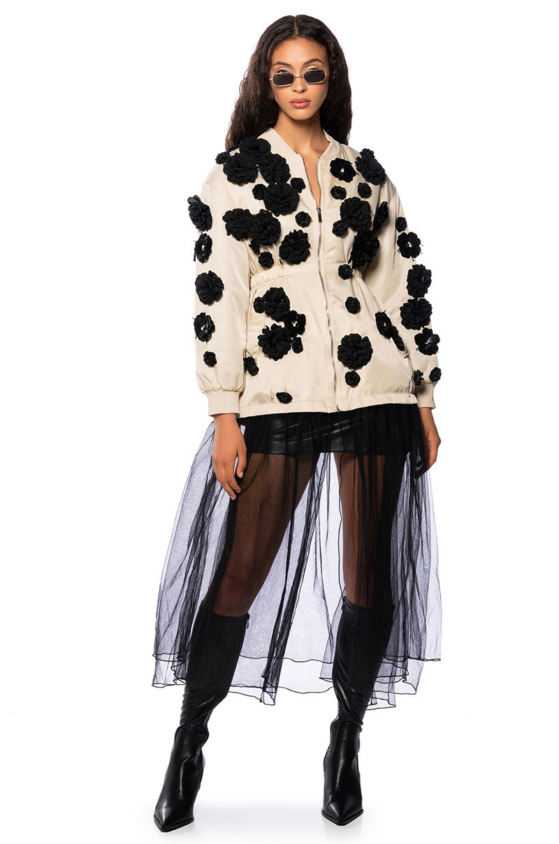 THE LUXE LIFE SEQUIN FLOWERS MAXI BOMBER TRENCH in beige multi | AKIRA