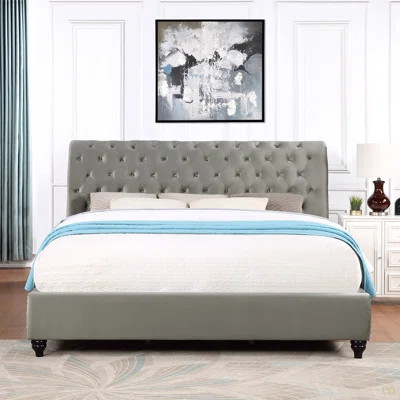 Cerderia Velvet Upholstered Button Tufted Nailhead Trim Sleigh Bed | Wayfair North America