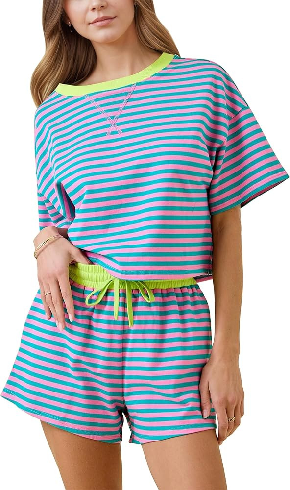 MISSACTIVER Womens Lounge 2 Piece Sets Summer Striped Matching Pajamas Set Short Sleeve Oversized... | Amazon (US)