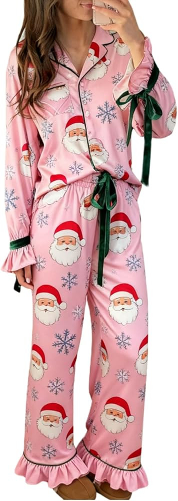 Argeousgor Women Christmas Satin Pajamas Striped 2 Piece Pjs Set Long Sleeve Button Down Shirt Bo... | Amazon (US)
