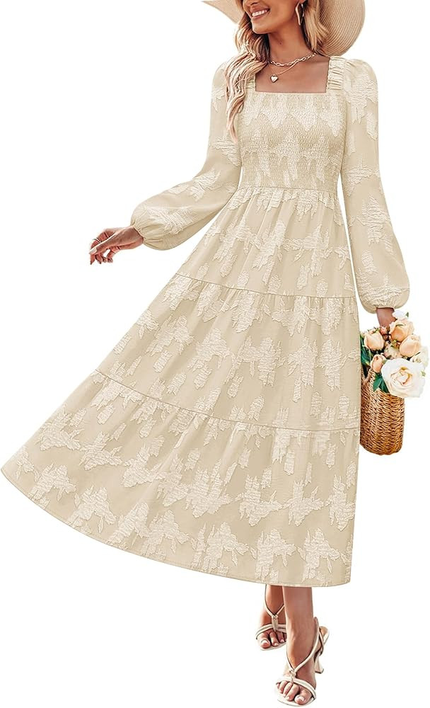 ZESICA Women's 2025 Fall Floral Midi Dress Long Sleeve Smocked Flowy Long Wedding Guest Vacation ... | Amazon (US)