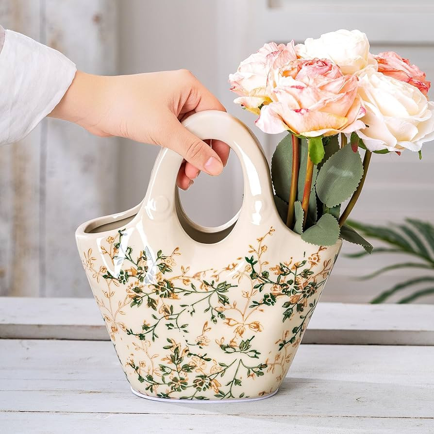 Ceramic Purse Vase for Flowers, Cute Handbag Vase, Vintage Green and Beige Floral Vase, Rustic Fa... | Amazon (US)