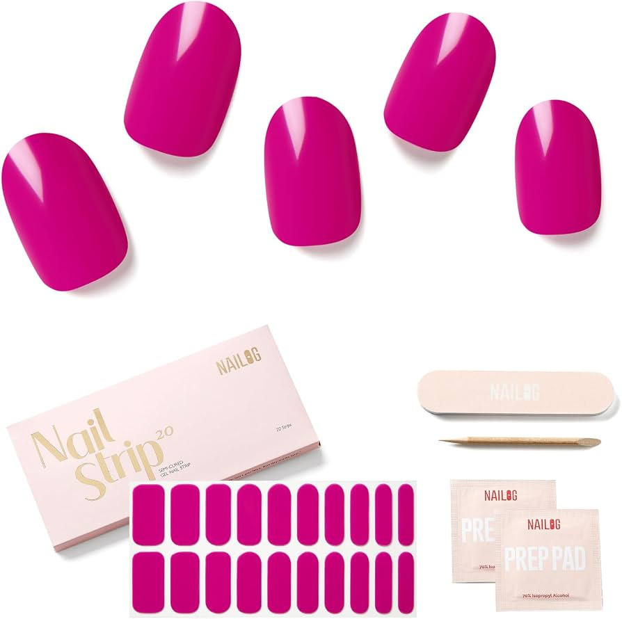 Semi Cured Gel Nail Strips - NAILOG 20 Pcs Gel Nail Stickers | Buy 2 Get 1 UV Light | Extra Long ... | Amazon (US)