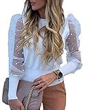 Women's Mesh Contrast Pearl Beaded Puff Sleeve Rib Knit Blouse Tops Pullover Slim Fit T-Shirt Tee (W | Amazon (US)
