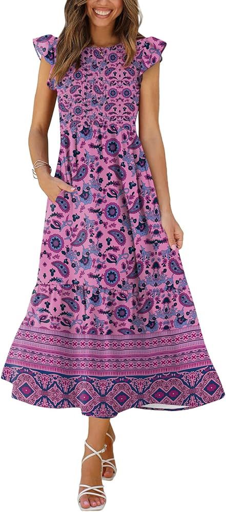 OFEEFAN Women's Casual Maxi Dresses with Pockets Ruffle Sleeve Smocked Dress XS-2XL | Amazon (US)