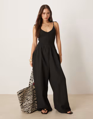 ASOS DESIGN v neck poly crinkle dropped waist jumpsuit in black | ASOS (Global)