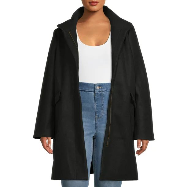 Time and Tru Women’s and Women's Plus Faux Wool Funnel Neck Coat | Walmart (US)