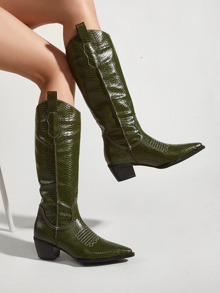 Snakeskin Chunky Heeled Boots | SHEIN