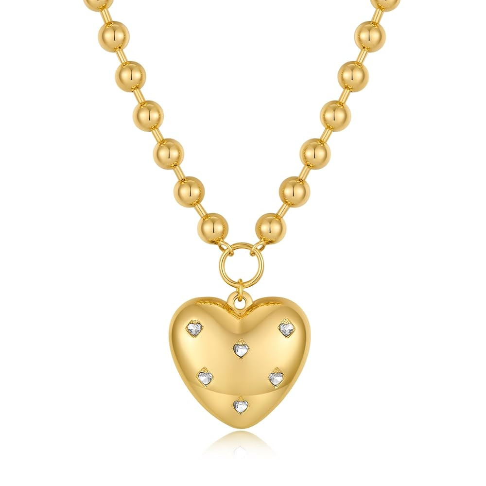 CLASSYZINT Gold Heart Pendant Necklace for Women Puffy Heart Necklace Beads Chain Necklace Statem... | Amazon (US)