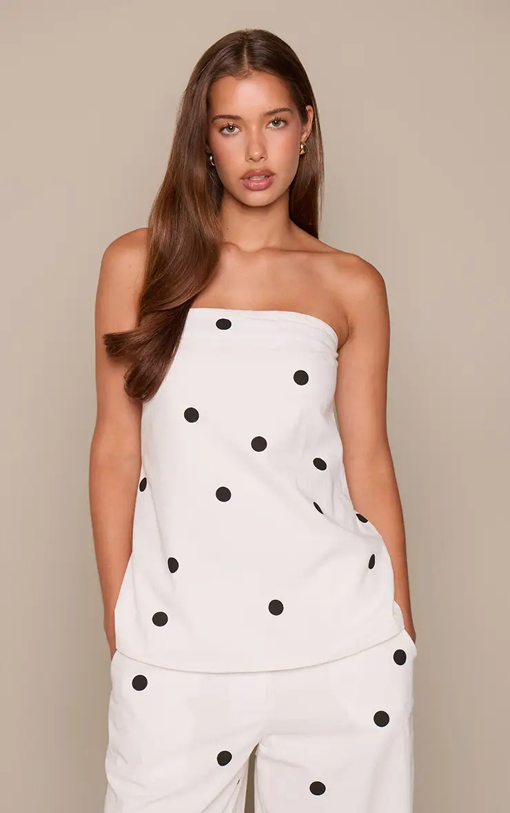 White Polka Dot Cotton Bandeau Flowy Top | PrettyLittleThing USA | PrettyLittleThing US
