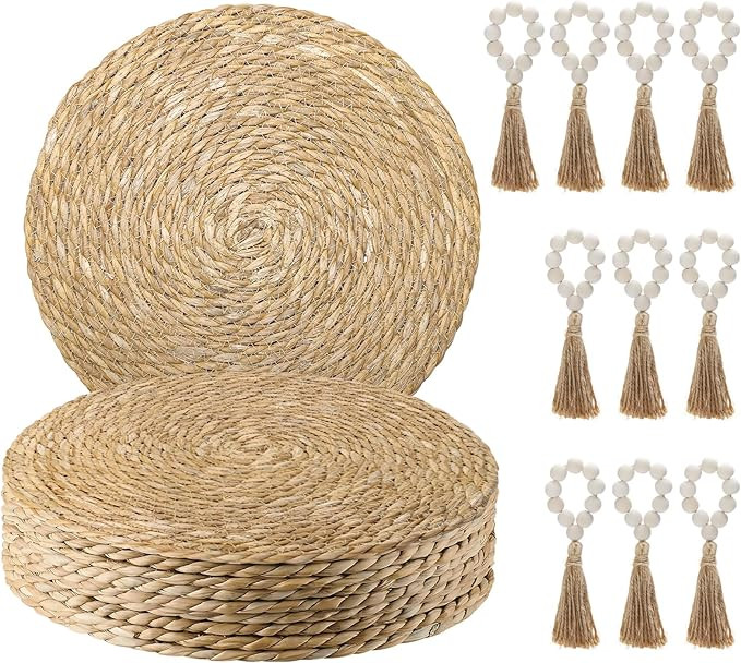 Amazon.com: Hardcometrue Boho Woven Placemats Set of 10 with Wooden Napkin Rings, Round Charger P... | Amazon (US)