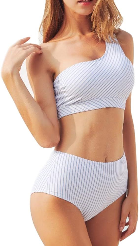AdoreShe Women's Blue White Breezy Stripe Two Piece Swimsuit Bikini Set One Shoulder Swimwear Bat... | Amazon (US)
