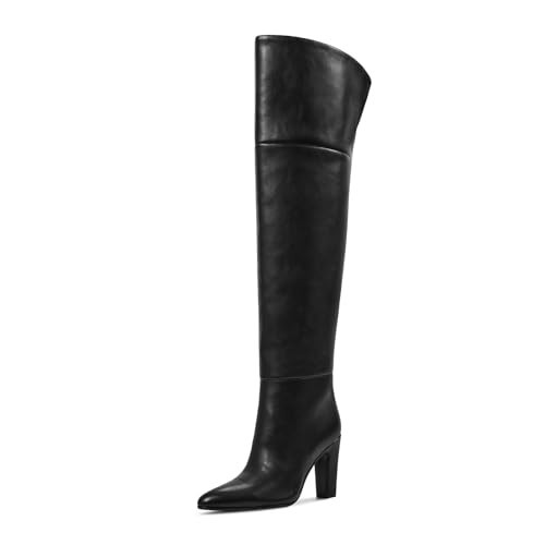 wetkiss Over the Knee Boots Black Women's Thigh High Boots Wide Calf Tall Long Pointed Toe High Heeled Boot Chunky Block Heel Leather Boots Fall Winter | Amazon (US)