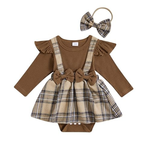 Baby Girl Thanksgiving Outfit Newborn Romper Dress Ribbed Ruffle Skirt Hem Jumpsuit Cute Fall Clothes+Headband (Plaid Brown, 3-6 Months) | Amazon (US)