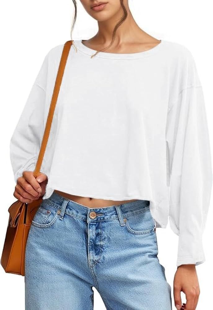 UNCLECAT Womens Long Sleeve Crop Tops Oversized Cropped Tshirts Crew Neck Loose Fit Fashion Worko... | Amazon (US)