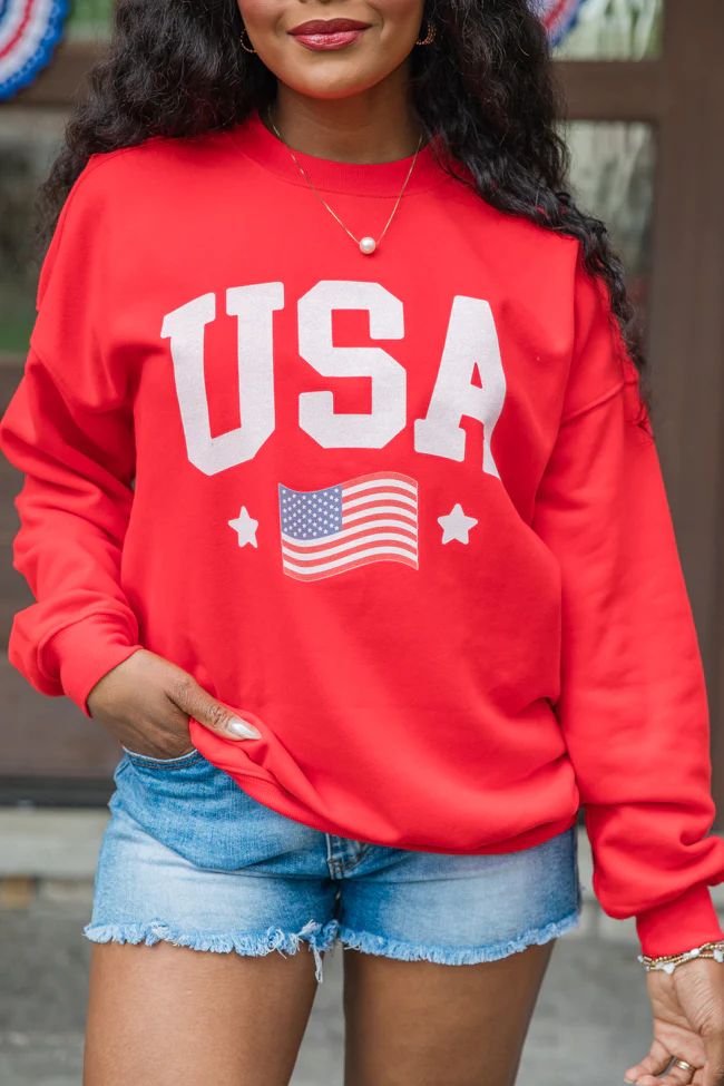 USA Flag Red Oversized Graphic Sweatshirt | Pink Lily