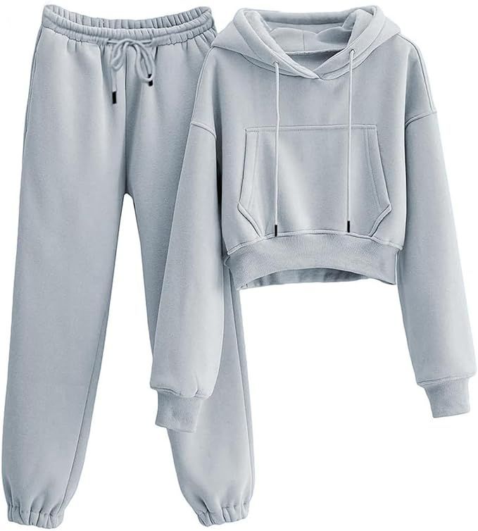 Women's Fleece 2 Piece Outfits Sweatsuit Crop Hooded Pullover Sweatshirt Joggers Sweatpants Track... | Amazon (US)