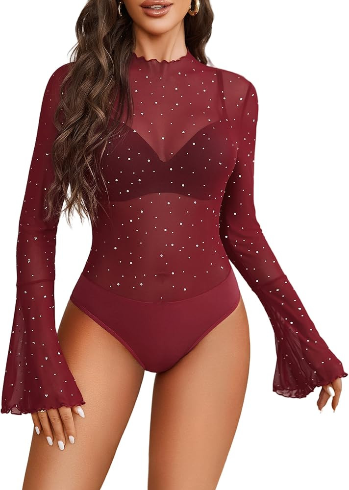 Avidlove Women Long Sleeve Bodysuit Rhinestone Bodysuit Mesh Bodysuit Tops Sexy Party Outfits | Amazon (US)