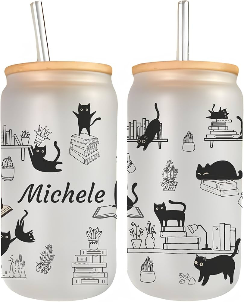 Vaso de café helado personalizado de gatos negros amantes de los gatos en estantería, 16 onzas,... | Amazon (US)