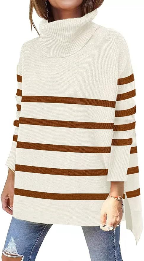OU MgCE FAST FASHION Women's Turtleneck Oversized Sweaters Long Sleeve Split Hem Striped Knit Pul... | Amazon (US)