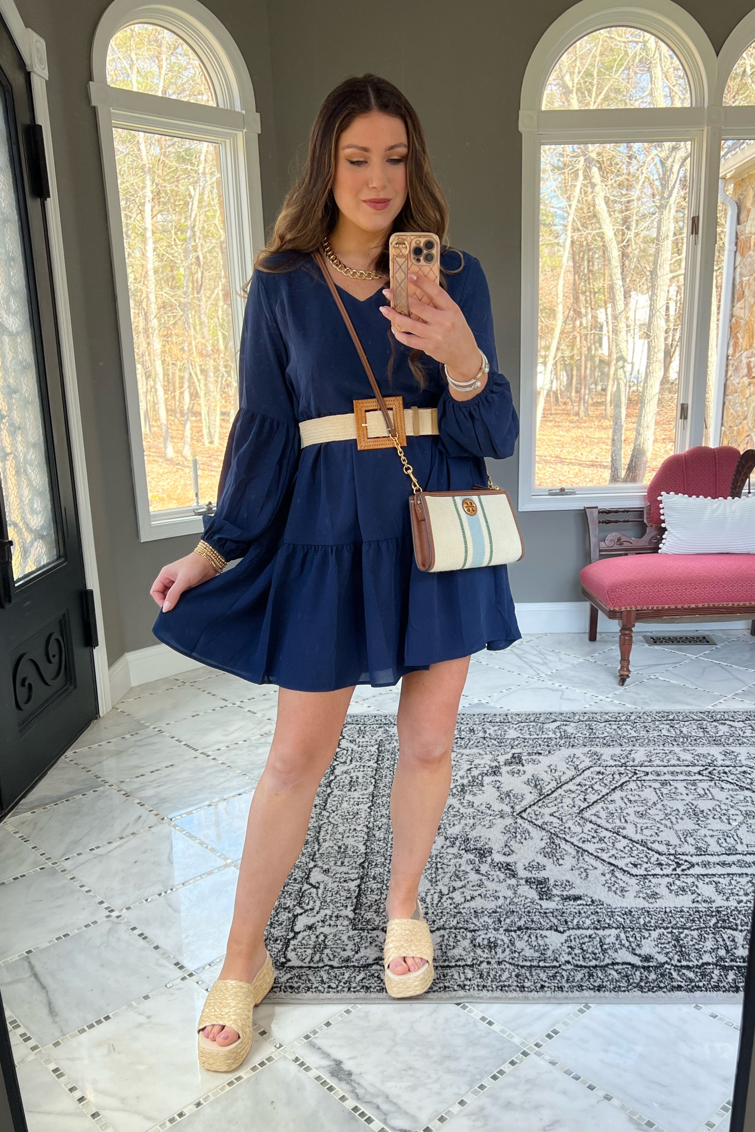Blue dress, long sleeve dress, summer dress, beach vacation, navy blue dress, long sleeve mini dress, woven belt, woven sandals, summer outfit idea, resort wear, vacation outfit, spring outfit idea, amazon dress, Amazon finds 

#LTKfindsunder50 #LTKtravel #LTKstyletip
