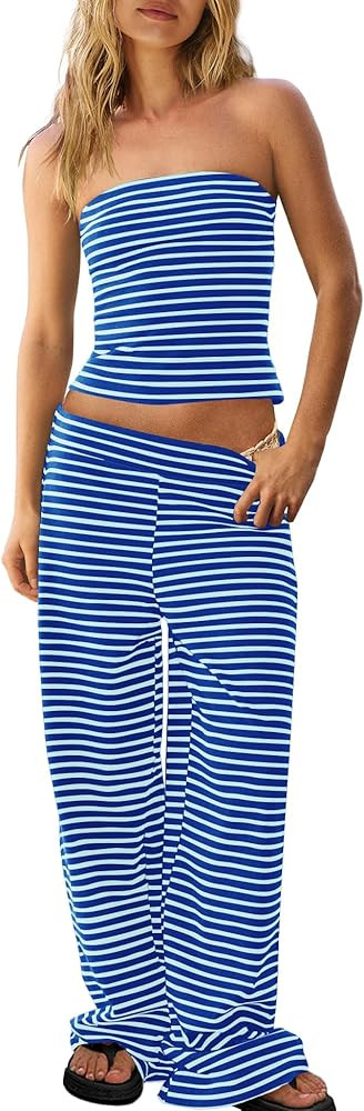 Panadila Womens Striped Two Piece Sets Summer Lounge Outfits Sailor Tube Top and Pants Matching S... | Amazon (US)