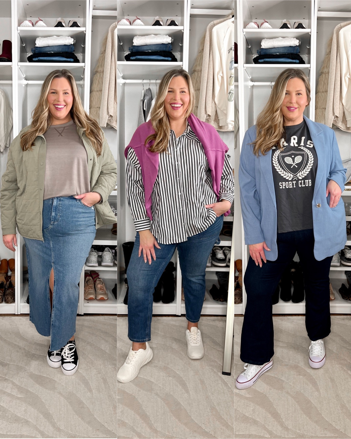 XS-4X CASUAL OUTFITS 💗 SALE
COZIES 👉 love is in the air tee and joggers both run true, wearing my regular 2X! 

💗LOOK 1 👉This denim maxi skirt is hands down the best one I’ve tried! Size up if you have a tummy or apron belly, it has a little bit of stretch in it but I would prefer the 20 instead of the 18 that I have on here! I absolutely love the simple grey top paired with the quilted olive jacket here. Both run true to size and I’m in the 2X, for reference!
💗LOOK 2👉Ok first of all.. these sneakers are SO cute but also, so so comfy!! I love that you can wear them with a casual outfit! I have had these carpenter jeans since last year and STILL love them! They run true to size but it doesn’t hurt to size up one if you’re unsure. I am wearing the 18 but would be ok in the 20, for reference. The button up is one of the best I’ve found that fits my curves and washes/dries well! Runs true, I am in the 2X and there is plenty of room without it being boxy! The pullover is a beautiful color and I love wearing it over the shoulder like this for a more styled, polished look! 
💗LOOK 3👉Gosh, I love this blazer SO MUCH — it has plenty of room to move in it, the length is perfection, and it’s not boxy! Runs true, I am in the 2X. The teeshirt also is cut perfect for curves, also wearing my regular size 2X here. The pull on jeans are some of my newer faves, and I have them on in my regular size 18 here. I will say that I washed and dried them and they do shrink up in length a little bit, and I’m 5’8 just fyi! Size up if you’re unsure, I have them in the 18 and the 20 and they both fit wonderfully. 

#LTKplussize #LTKsalealert #LTKmidsize