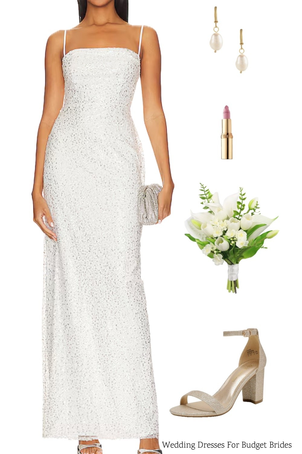 Affordable wedding day outfit idea for the bride to be. Bridal dress is from Revolve and on sale for $234. Find everything else on Amazon. 

Reception dress, courthouse elopement dress, long white dress, minimalist wedding dress, or microwedding dress. 

#LTKWedding #LTKspring #LTKSaleAlert