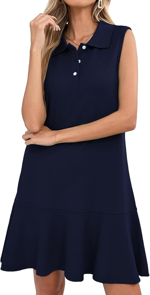 Women's Sleeveless Polo Dress Ruffle Hem Lapel V Neck Summer Shirt Mini Dresses | Amazon (US)