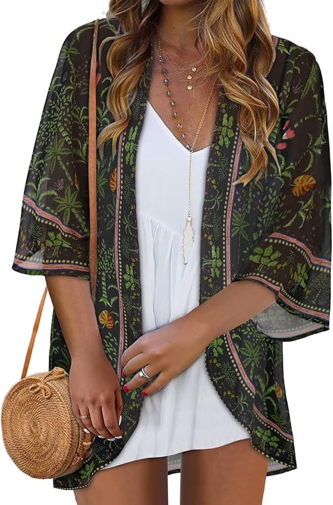 Women Kimono Cardigans Casual Summer Tops Cover up Open Front Floral Print Resort Wear 2026 | Amazon (US)