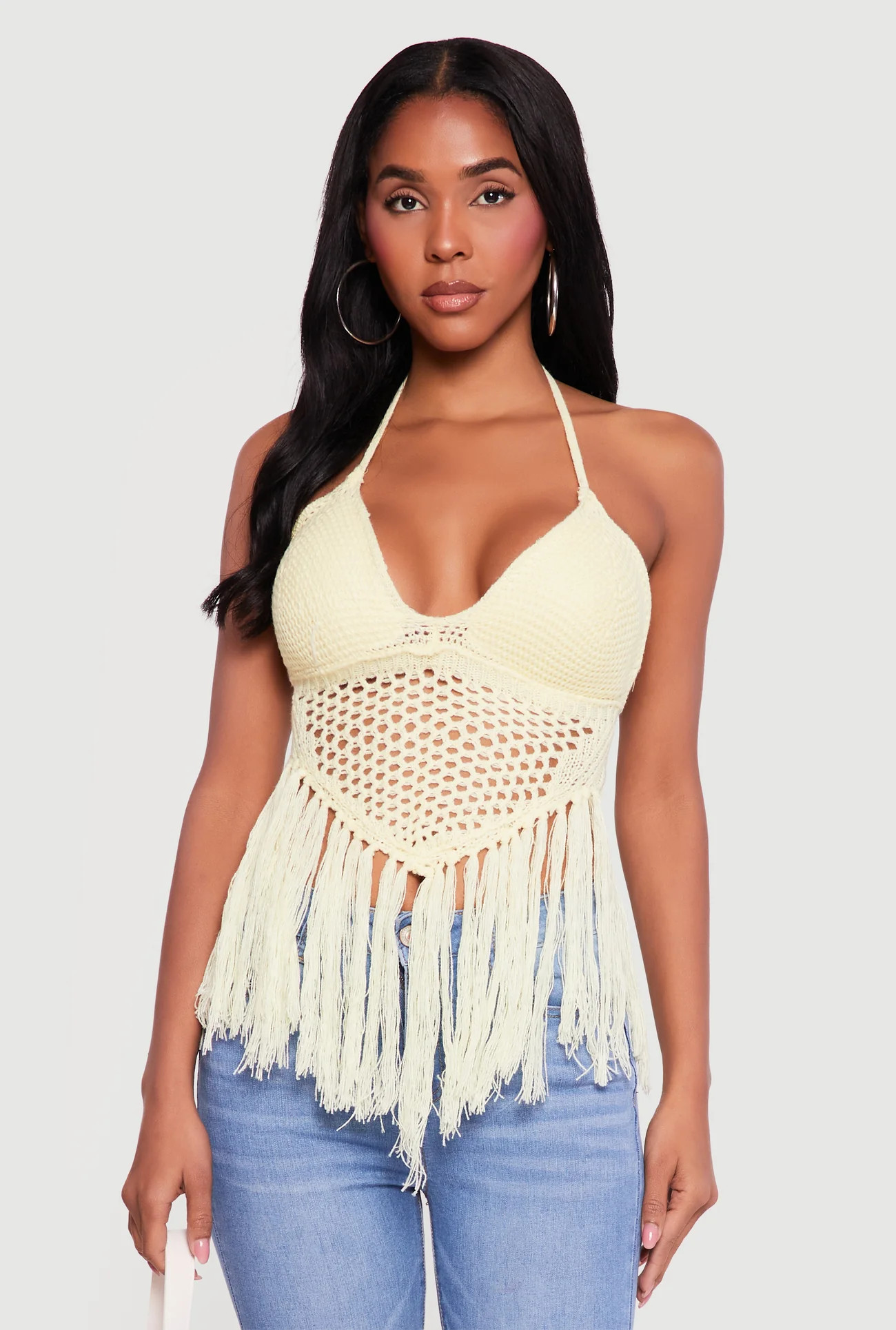 Crochet Tie Back Fringe Halter Top | Rainbow Shops