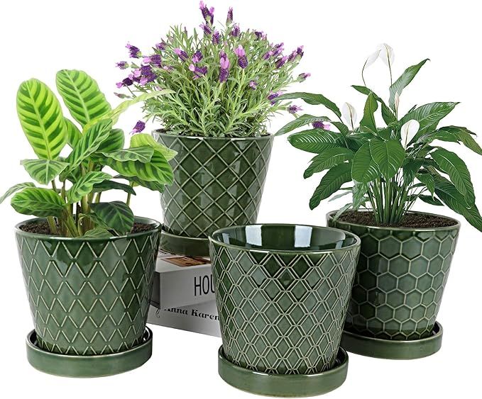 KERUITA Succulent Planter – 5 inch Ceramic Flower Pot with Drainage Holes and Ceramic Tray - Ga... | Amazon (US)