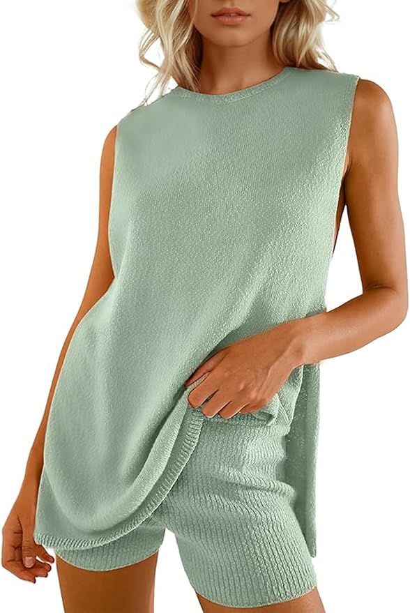 Women's Summer Sweater Set Sleeveless Tunic Top and Shorts 2 Piece Outfits Beach Vacation Sets Tr... | Amazon (US)