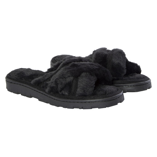 ladies black cross-strap faux fur slippers | Five Below