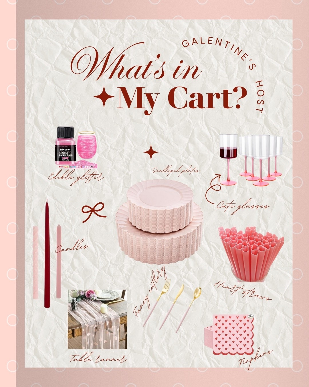 Hosting Galentine’s just got so much cuter 💕✨
Here’s everything in my cart for the ultimate girls’ night: blush scalloped plates, heart straws, chic candles, cute glasses + a little edible glitter magic. Saving this for all your Valentine hosting inspo 💌🥂
Shop it all here!

#GalentinesHost #LTKHome #LTKParty #ValentinesDecor #HostingEssentials #PinkAesthetic #PartyDetails

#LTKSeasonal #LTKHome