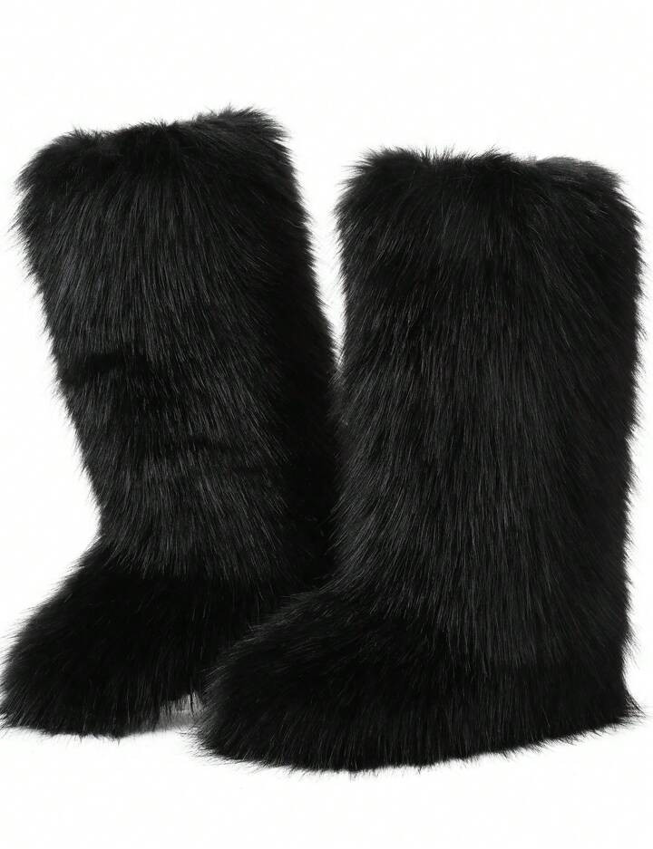 Women's Faux Fur Boot Furry Fluffy Round Toe Suede Winter Comfy Plush Warm Short Outdoor Indoor F... | SHEIN