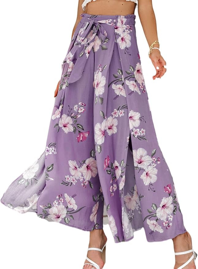 Simplee Women's Elegant Striped Split High Waisted Belted Flowy Wide Leg Pants | Amazon (US)