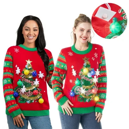 Joyfy Ugly Christmas Sweater Women, Led Light Up Ugly Sweater, Men Couples Women's Christmas Sweater with Light Bulbs, Christmas Tree Holiday Sweaters, Cute Funny Xmas Crewneck Knitted Pullovers,L | Walmart (US)