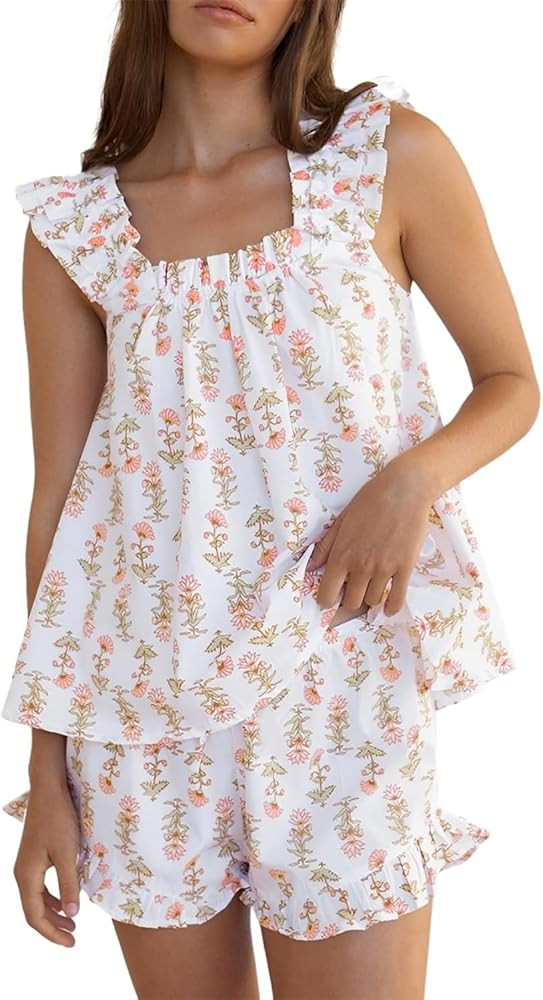 Aopwsrlyi Women's Floral Pajama Set 2 Piece Loungewear Cute Ruffle Trim Cami Tank Top and Shorts ... | Amazon (US)