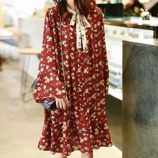 Floral Print Bell-Sleeve Chiffon Dress | YesStyle Global