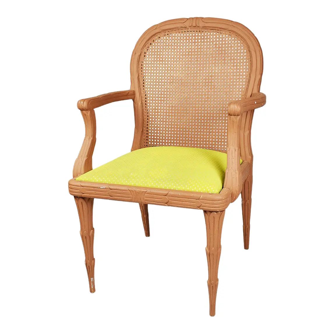 Hollywood Regency Faux Bois Dining Armchair With Cane Back and Bright Green Upholstered Seat | Chairish